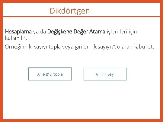 Dikdörtgen Hesaplama ya da Değişkene Değer Atama işlemleri için kullanılır. Örneğin; iki sayıyı topla