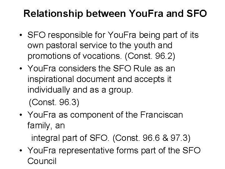 Relationship between You. Fra and SFO • SFO responsible for You. Fra being part Relationship between You. Fra and SFO • SFO responsible for You. Fra being part
