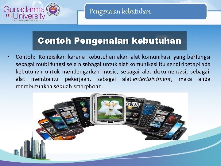 Pengenalan kebutuhan Contoh Pengenalan kebutuhan • Contoh: Kondisikan karena kebutuhan akan alat komunikasi yang