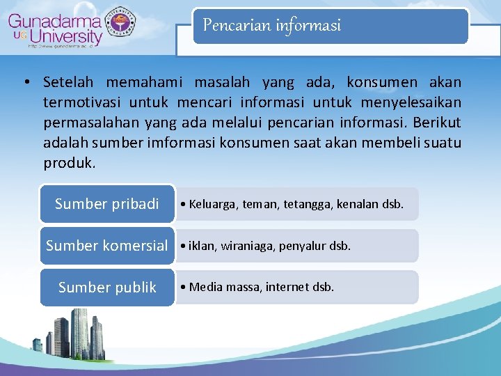 Pencarian informasi • Setelah memahami masalah yang ada, konsumen akan termotivasi untuk mencari informasi