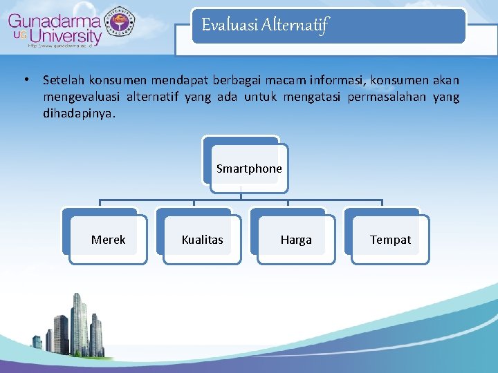 Evaluasi Alternatif • Setelah konsumen mendapat berbagai macam informasi, konsumen akan mengevaluasi alternatif yang