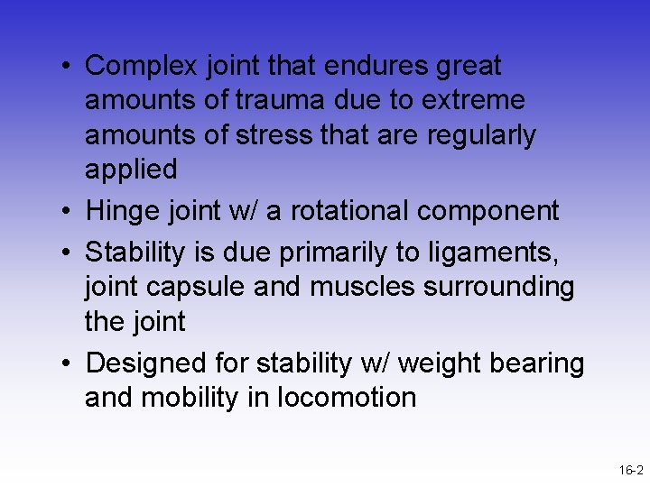  • Complex joint that endures great amounts of trauma due to extreme amounts