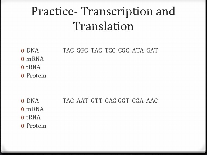 Practice- Transcription and Translation 0 0 DNA m. RNA t. RNA Protein TAC GGC