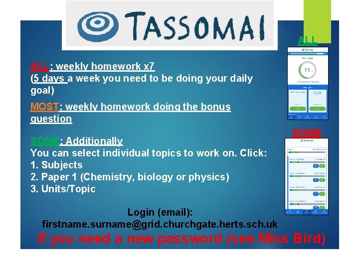 ALL ALL: weekly homework x 7 (5 days a week you need to be