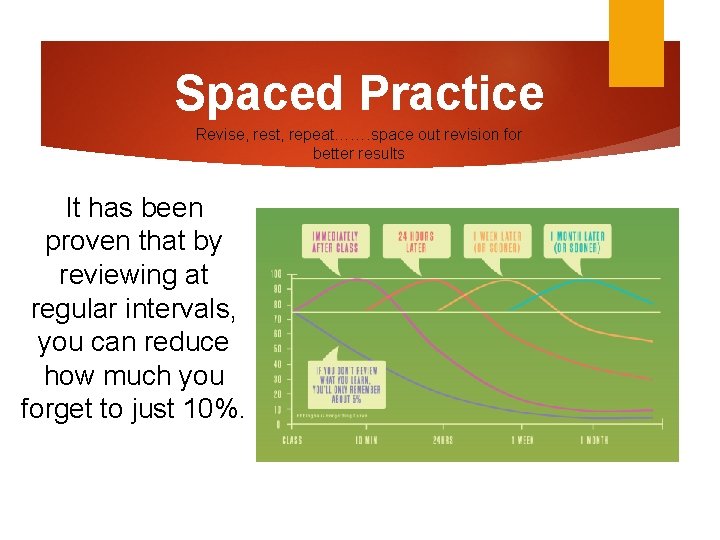Spaced Practice Revise, rest, repeat……. space out revision for better results It has been