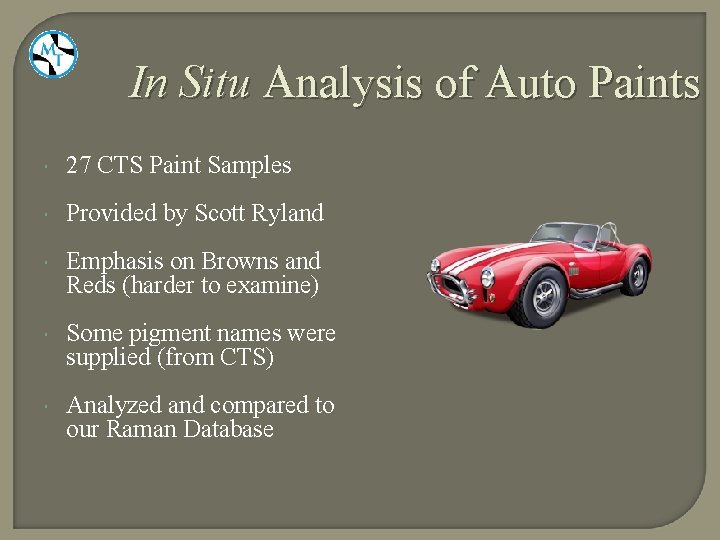 In Situ Analysis of Auto Paints 27 CTS Paint Samples Provided by Scott Ryland