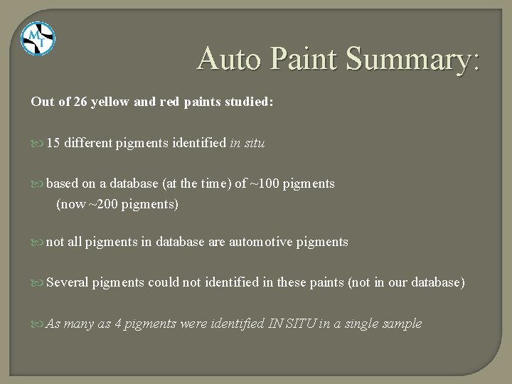 Auto Paint Summary: Out of 26 yellow and red paints studied: 15 different pigments