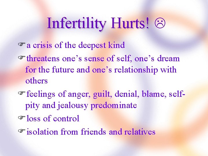 Infertility Hurts! Fa crisis of the deepest kind Fthreatens one’s sense of self, one’s