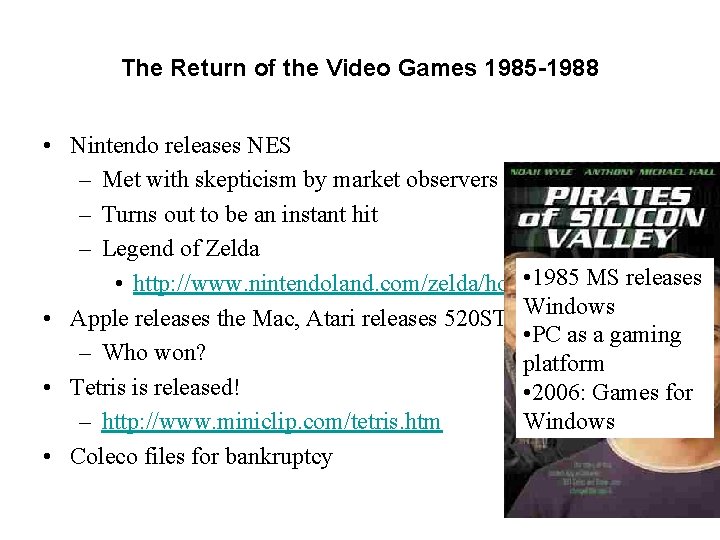 The Return of the Video Games 1985 -1988 • Nintendo releases NES – Met