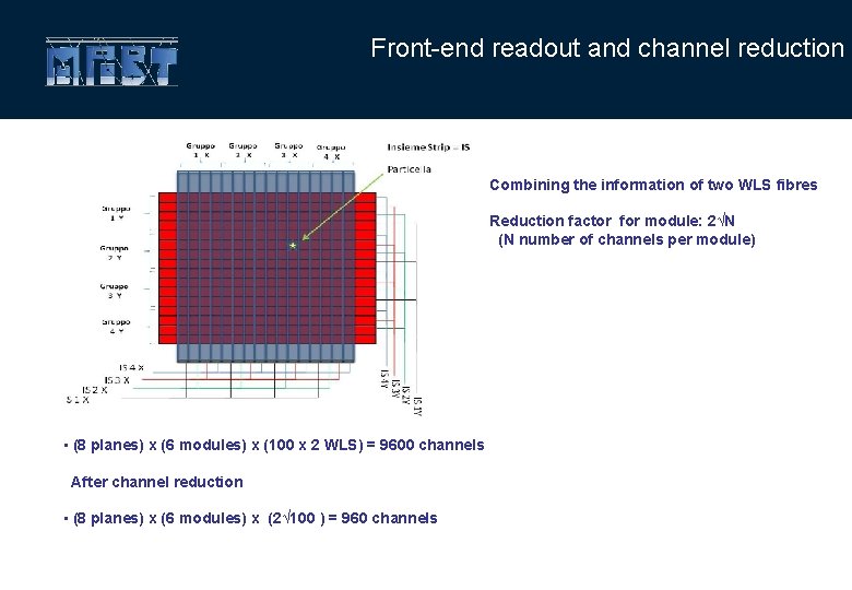 Front-end readout and channel reduction Combining the information of two WLS fibres Reduction factor