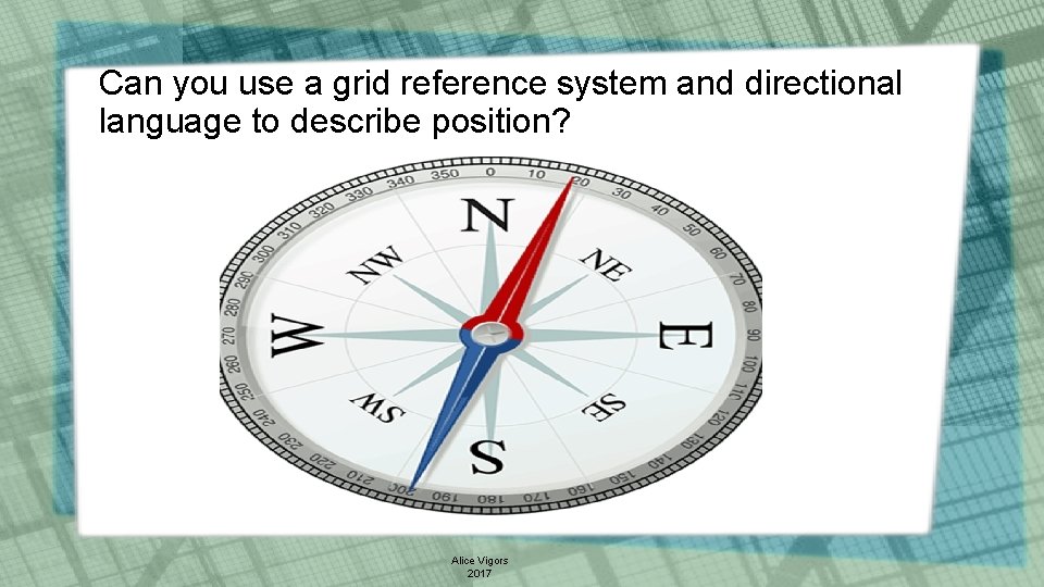 Can you use a grid reference system and directional language to describe position? Alice