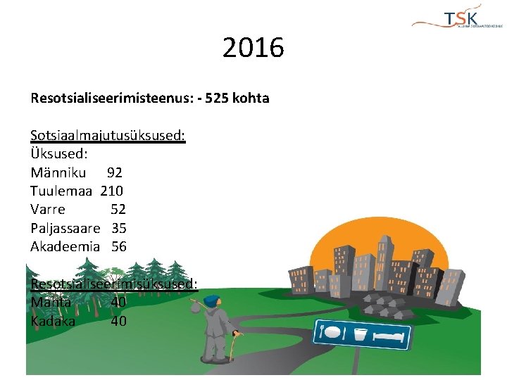 2016 Resotsialiseerimisteenus: - 525 kohta Sotsiaalmajutusüksused: Üksused: Männiku 92 Tuulemaa 210 Varre 52 Paljassaare