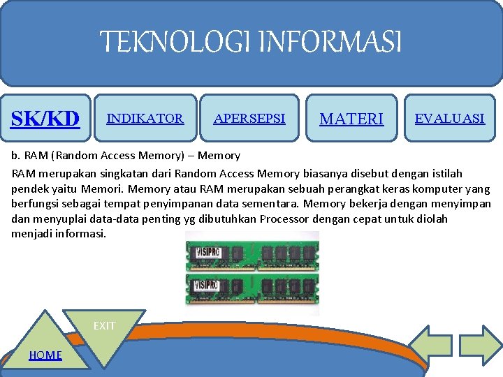 TEKNOLOGI INFORMASI SK/KD INDIKATOR APERSEPSI MATERI EVALUASI b. RAM (Random Access Memory) – Memory