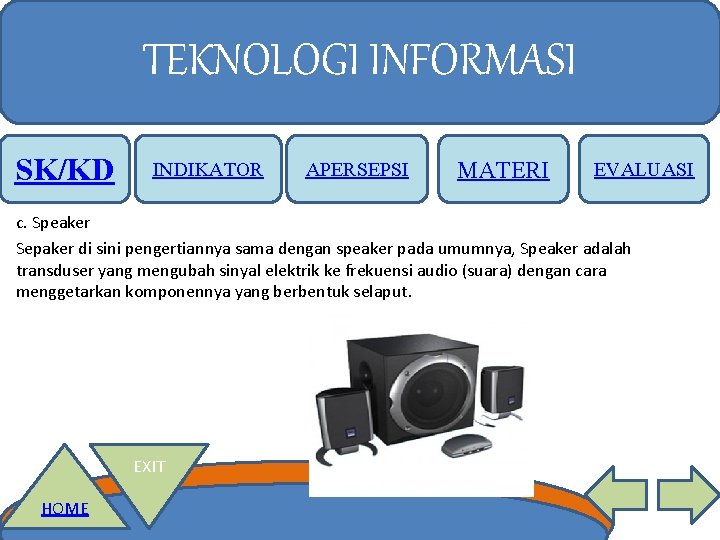 TEKNOLOGI INFORMASI SK/KD INDIKATOR APERSEPSI MATERI EVALUASI c. Speaker Sepaker di sini pengertiannya sama