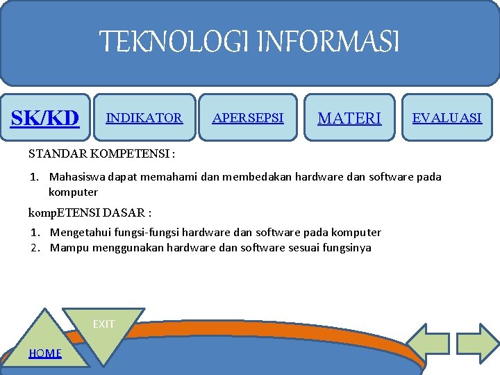 TEKNOLOGI INFORMASI SK/KD INDIKATOR APERSEPSI MATERI EVALUASI STANDAR KOMPETENSI : 1. Mahasiswa dapat memahami