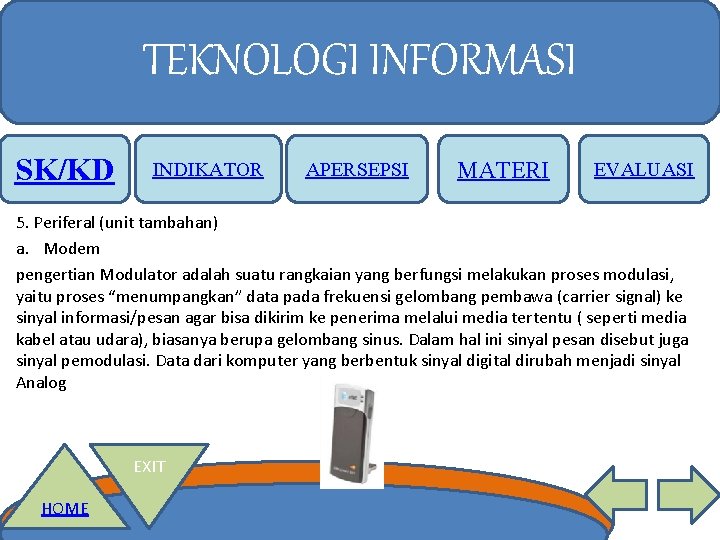 TEKNOLOGI INFORMASI SK/KD INDIKATOR APERSEPSI MATERI EVALUASI 5. Periferal (unit tambahan) a. Modem pengertian