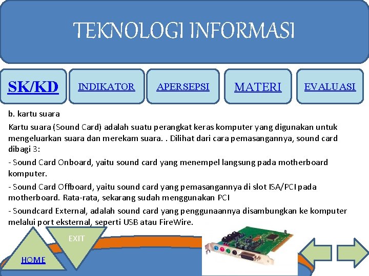 TEKNOLOGI INFORMASI SK/KD INDIKATOR APERSEPSI MATERI EVALUASI b. kartu suara Kartu suara (Sound Card)