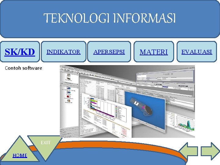 TEKNOLOGI INFORMASI SK/KD INDIKATOR Contoh software EXIT HOME APERSEPSI MATERI EVALUASI 