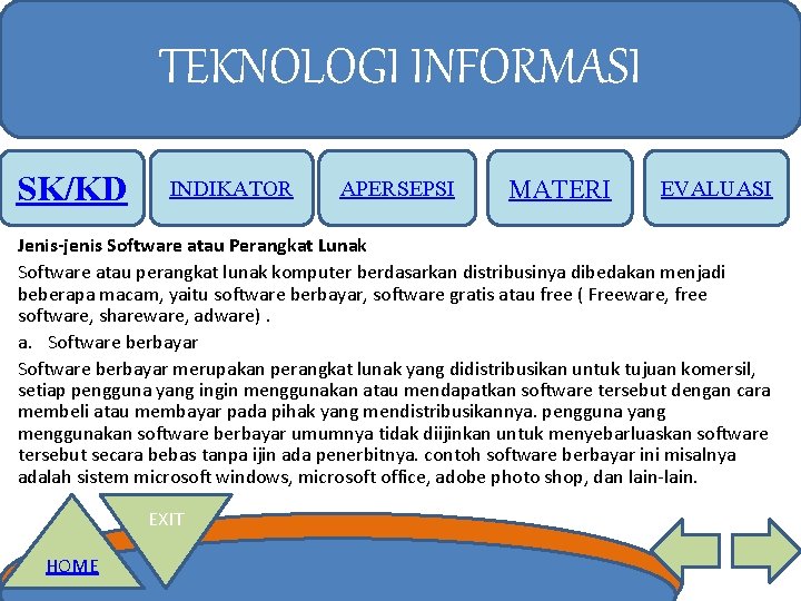 TEKNOLOGI INFORMASI SK/KD INDIKATOR APERSEPSI MATERI EVALUASI Jenis-jenis Software atau Perangkat Lunak Software atau