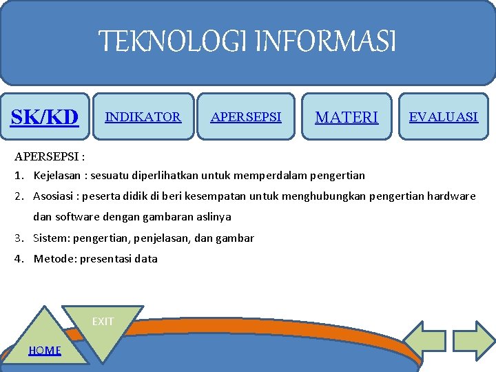 TEKNOLOGI INFORMASI SK/KD INDIKATOR APERSEPSI MATERI EVALUASI APERSEPSI : 1. Kejelasan : sesuatu diperlihatkan