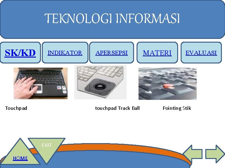 TEKNOLOGI INFORMASI SK/KD INDIKATOR Touchpad touchpad Track Ball EXIT HOME APERSEPSI MATERI EVALUASI Pointing