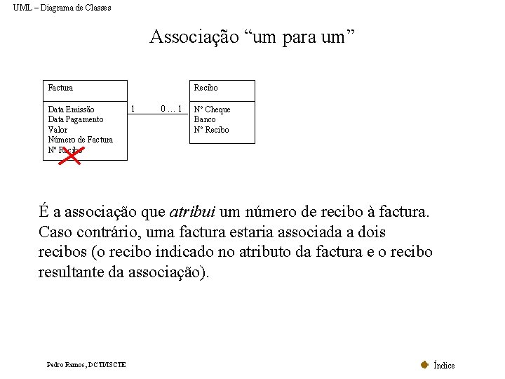 UML – Diagrama de Classes Associação “um para um” Factura Data Emissão Data Pagamento