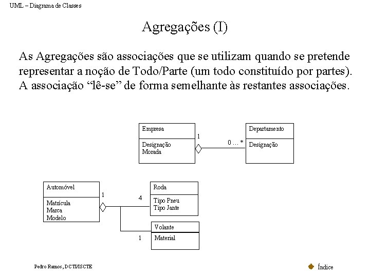 UML – Diagrama de Classes Agregações (I) As Agregações são associações que se utilizam