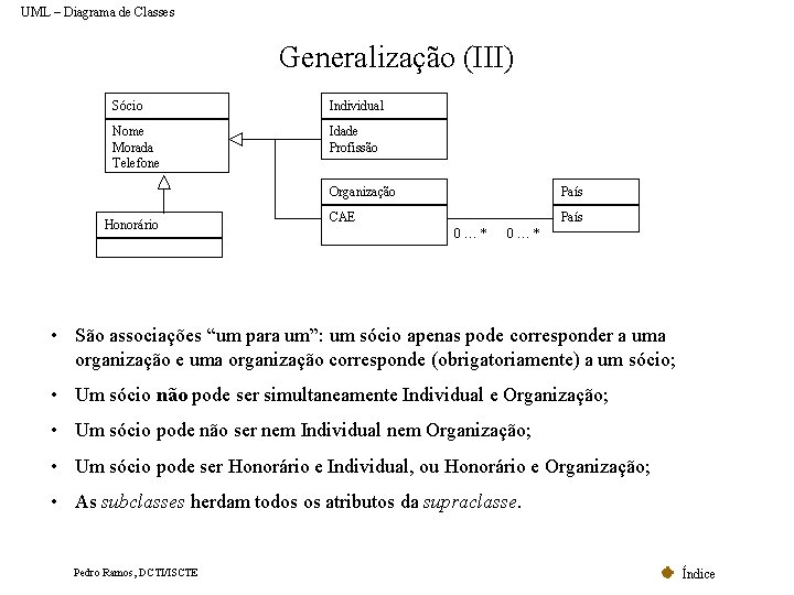 UML – Diagrama de Classes Generalização (III) Sócio Individual Nome Morada Telefone Idade Profissão