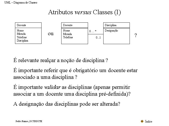 UML – Diagrama de Classes Atributos versus Classes (I) Docente Nome Morada Telefone Disciplina