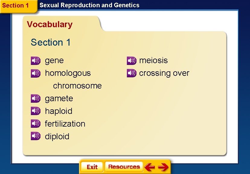 Section 1 Sexual Reproduction and Genetics Vocabulary Section 1 gene meiosis homologous chromosome gamete
