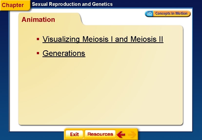 Chapter Sexual Reproduction and Genetics Animation § Visualizing Meiosis I and Meiosis II §