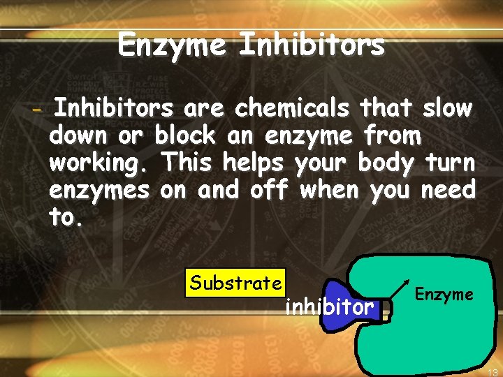 Enzyme Inhibitors - Inhibitors are chemicals that slow down or block an enzyme from