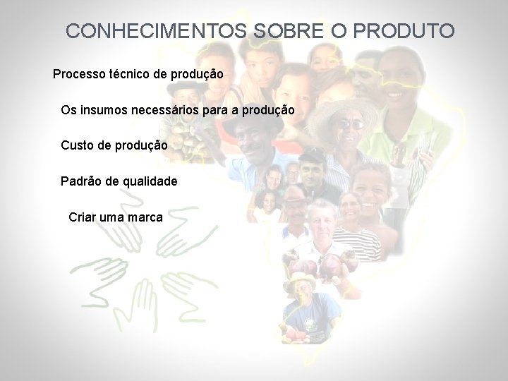 CONHECIMENTOS SOBRE O PRODUTO Processo técnico de produção Os insumos necessários para a produção