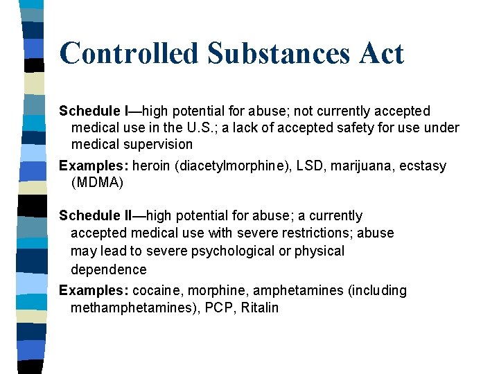 Controlled Substances Act Schedule I—high potential for abuse; not currently accepted medical use in