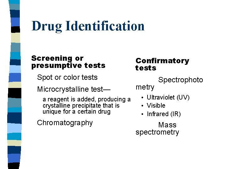 Drug Identification Screening or presumptive tests Confirmatory tests Spot or color tests Microcrystalline test—