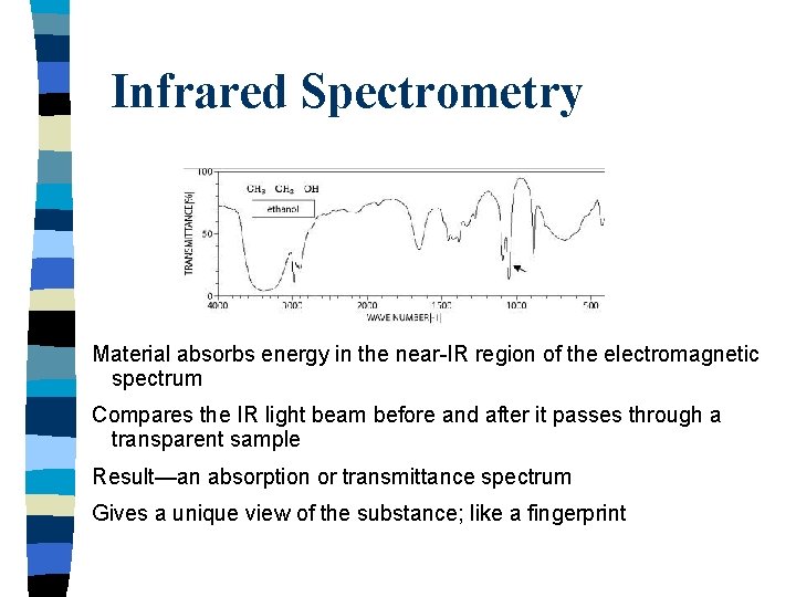 Infrared Spectrometry Material absorbs energy in the near-IR region of the electromagnetic spectrum Compares