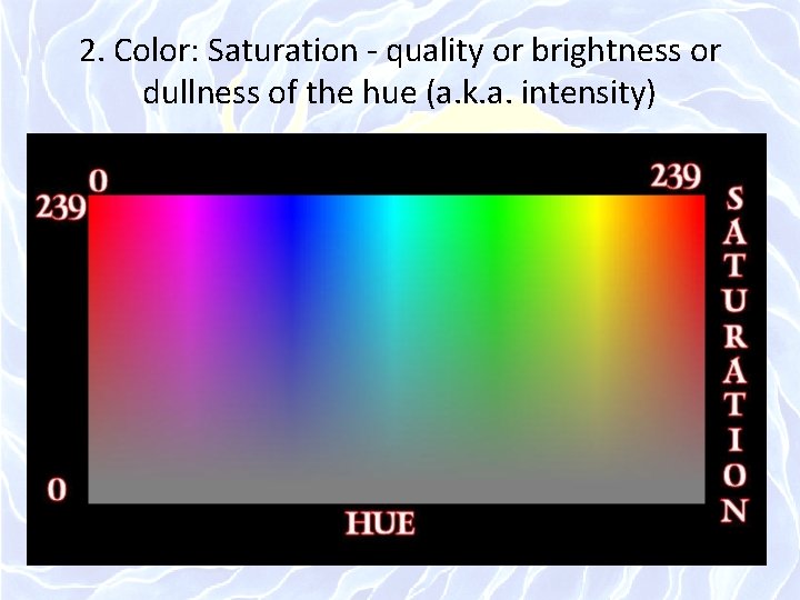 2. Color: Saturation - quality or brightness or dullness of the hue (a. k.