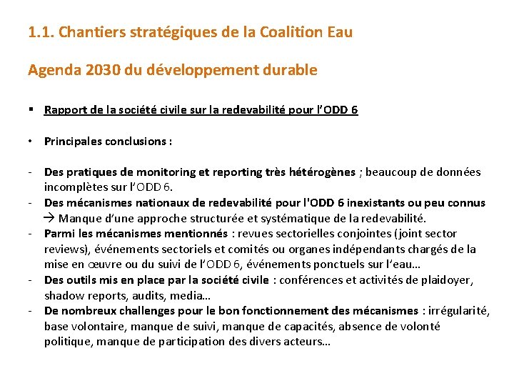 1. 1. Chantiers stratégiques de la Coalition Eau Agenda 2030 du développement durable §