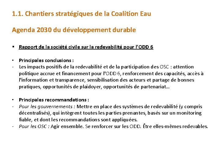 1. 1. Chantiers stratégiques de la Coalition Eau Agenda 2030 du développement durable §