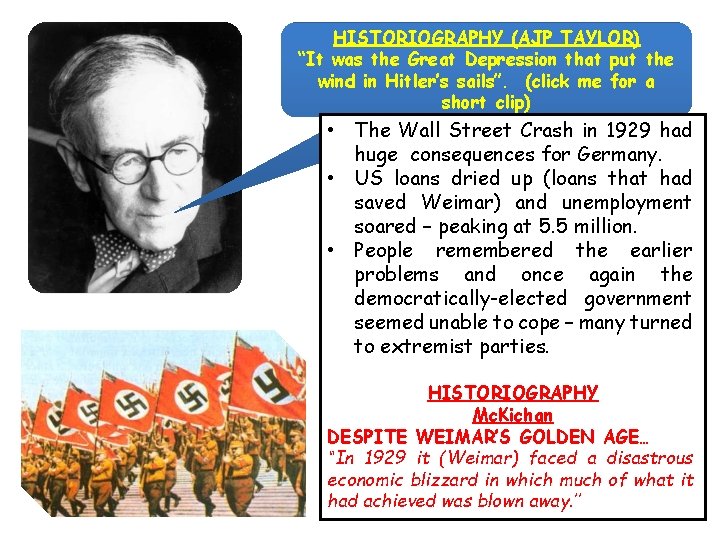 HISTORIOGRAPHY (AJP TAYLOR) “It was the Great Depression that put the wind in Hitler’s