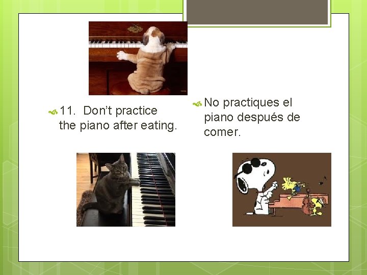  11. Don’t practice the piano after eating. No practiques el piano después de