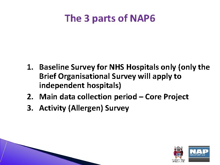 The 3 parts of NAP 6 1. Baseline Survey for NHS Hospitals only (only