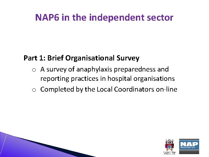 NAP 6 in the independent sector Part 1: Brief Organisational Survey o A survey