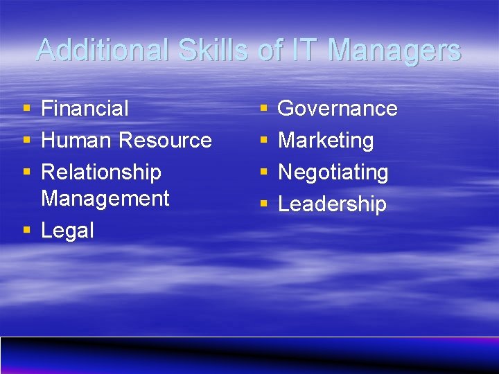 Additional Skills of IT Managers § § § Financial Human Resource Relationship Management §
