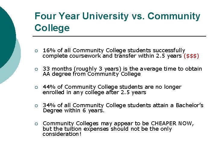 Four Year University vs. Community College ¡ 16% of all Community College students successfully