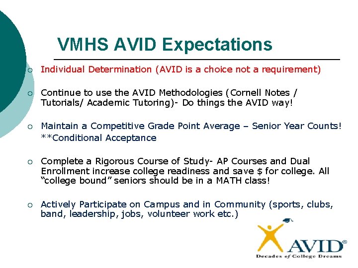 VMHS AVID Expectations ¡ Individual Determination (AVID is a choice not a requirement) ¡