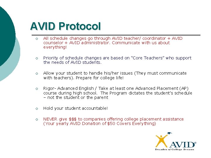 AVID Protocol ¡ All schedule changes go through AVID teacher/ coordinator + AVID counselor