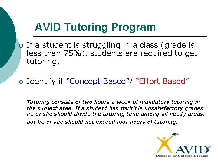 AVID Tutoring Program ¡ If a student is struggling in a class (grade is