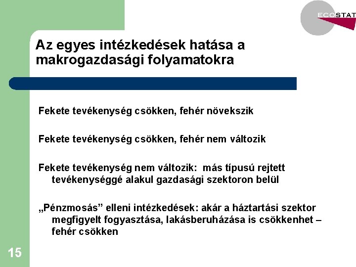 Az egyes intézkedések hatása a makrogazdasági folyamatokra Fekete tevékenység csökken, fehér növekszik Fekete tevékenység