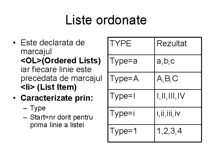 Liste ordonate • Este declarata de marcajul <OL>(Ordered Lists) iar fiecare linie este precedata